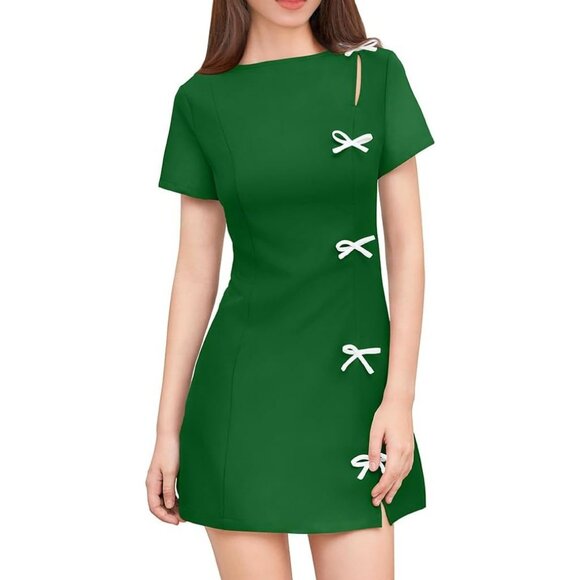 Women Black Short Sleeve Mini Dress with White Bow Details Elegant Party Outfit - Picture 1 of 8